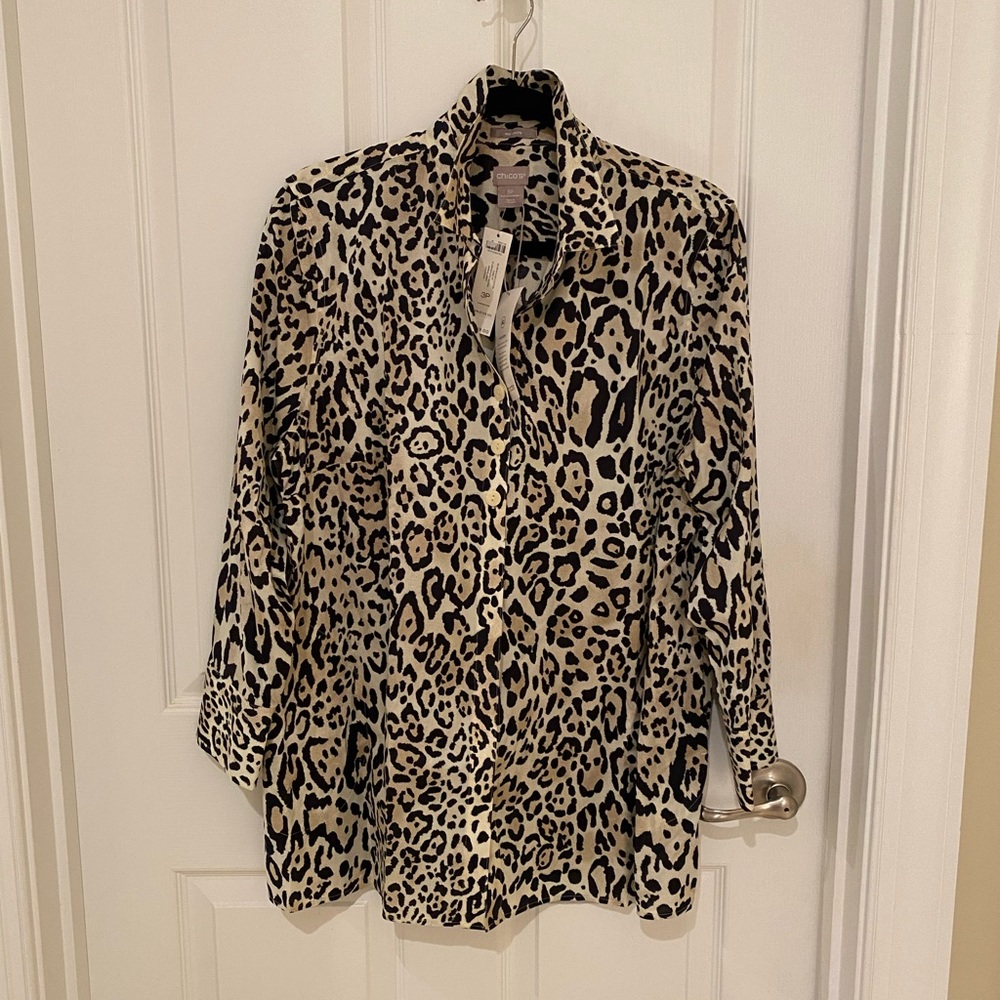 BNWT! Chico’s No-Iron Easy, Crisp Cotton Tunic Cheetah Leopard Animal Print